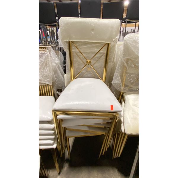 STACK OF 6 PADDED GOLD METAL FRAMED CROSS BACK STACKING EVENT CHAIRS