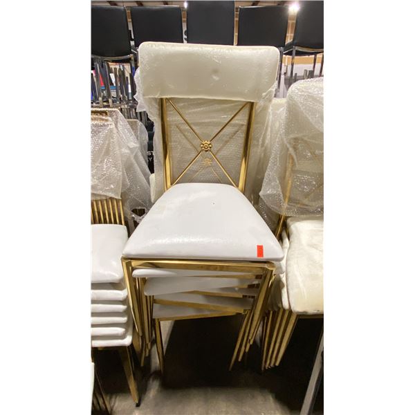 STACK OF 6 PADDED GOLD METAL FRAMED CROSS BACK STACKING EVENT CHAIRS