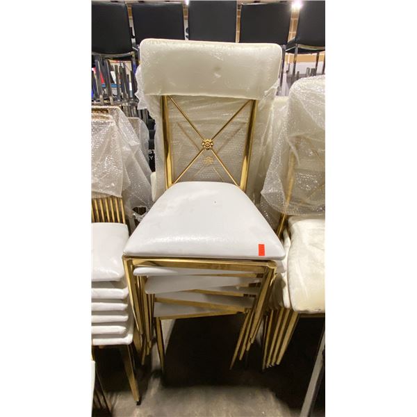 STACK OF 6 PADDED GOLD METAL FRAMED CROSS BACK STACKING EVENT CHAIRS