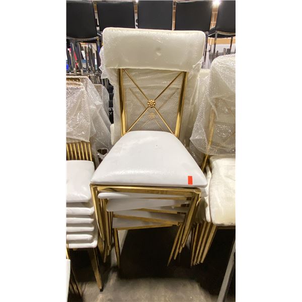 STACK OF 6 PADDED GOLD METAL FRAMED CROSS BACK STACKING EVENT CHAIRS