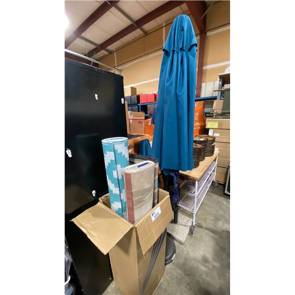 BOX OF EVENT THROW RUGS, OUTDOOR PATIO UMBRELLAS, & UMBRELLA STANDS