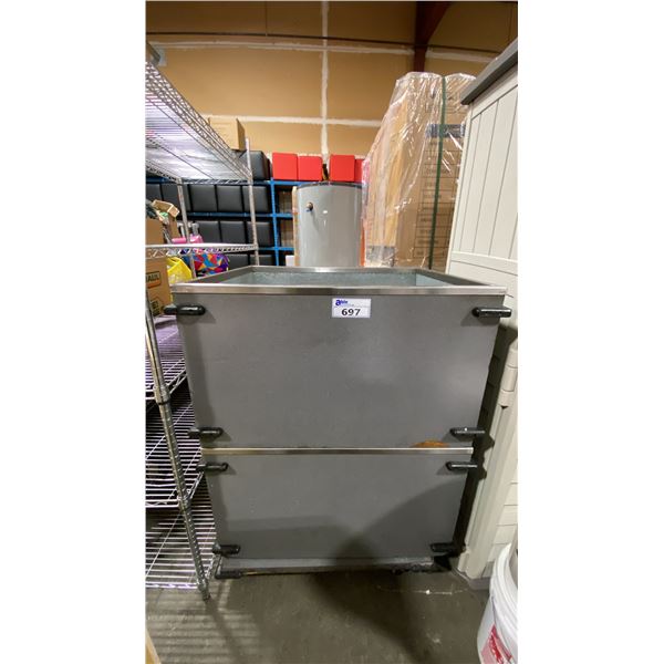 2 GREY WOODEN 34"W X 26"D X 20"H GALVANIZED LINED STORAGE BINS WITH DOLLIE