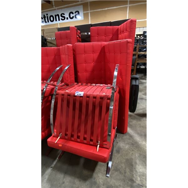 RED METAL FRAMED COMMERCIAL EVENT COUCH, LOVESEAT, & 2 CHAIR SET