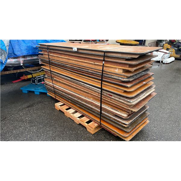STACK OF 19 ASSORTED WOODEN 8' FOLDING EVENT TABLES