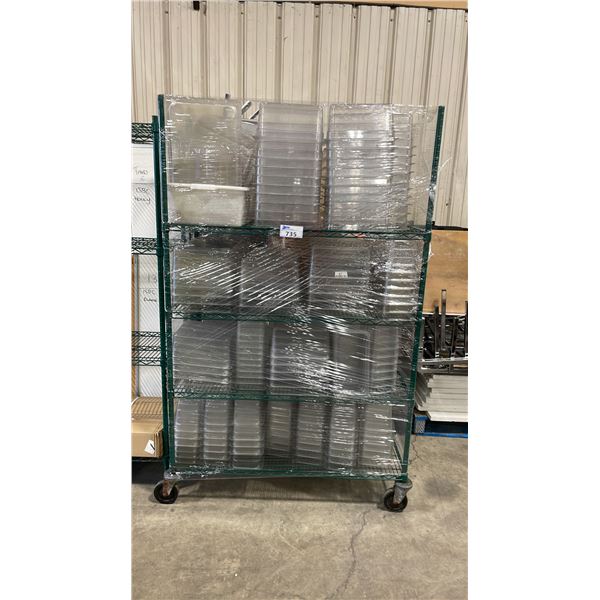 4 TIER 48"W X 24"D X 77"H GREEN COATED MOBILE METRO STYLE RACKING SYSTEM WITH ASSORTED PLASTIC