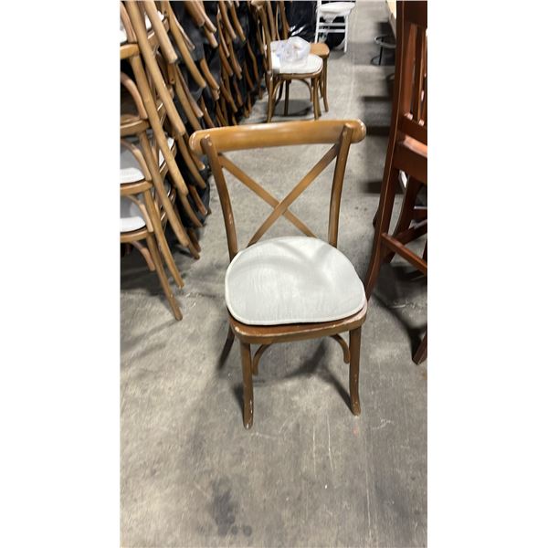 STACK OF 8 DARK WOOD CROSS BACK COMMERCIAL STACKING EVENT CHAIRS WITH CUSHIONS