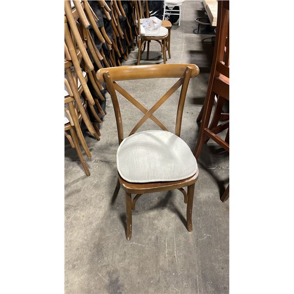 STACK OF 8 DARK WOOD CROSS BACK COMMERCIAL STACKING EVENT CHAIRS WITH CUSHIONS