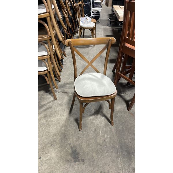 STACK OF 8 DARK WOOD CROSS BACK COMMERCIAL STACKING EVENT CHAIRS WITH CUSHIONS