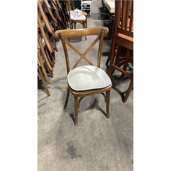 STACK OF 8 DARK WOOD CROSS BACK COMMERCIAL STACKING EVENT CHAIRS WITH CUSHIONS