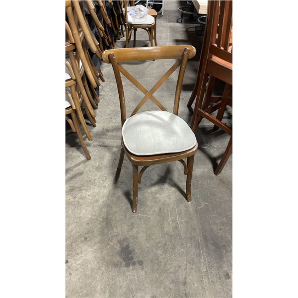 STACK OF 8 DARK WOOD CROSS BACK COMMERCIAL STACKING EVENT CHAIRS WITH CUSHIONS