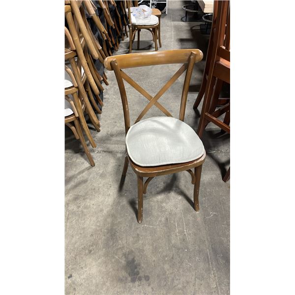 STACK OF 8 DARK WOOD CROSS BACK COMMERCIAL STACKING EVENT CHAIRS WITH CUSHIONS