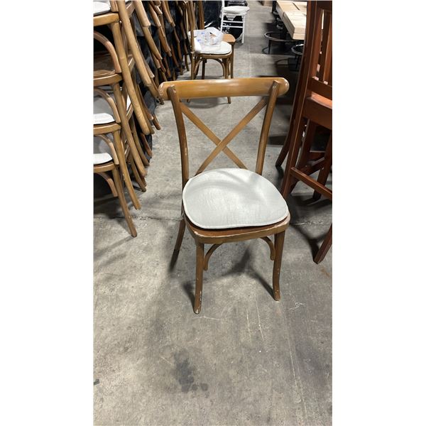 STACK OF 8 DARK WOOD CROSS BACK COMMERCIAL STACKING EVENT CHAIRS WITH CUSHIONS