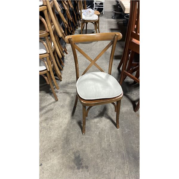 STACK OF 8 DARK WOOD CROSS BACK COMMERCIAL STACKING EVENT CHAIRS WITH CUSHIONS