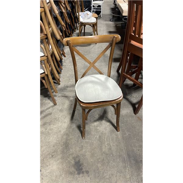 STACK OF 8 DARK WOOD CROSS BACK COMMERCIAL STACKING EVENT CHAIRS WITH CUSHIONS