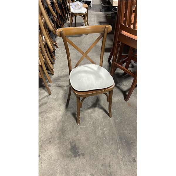 STACK OF 8 DARK WOOD CROSS BACK COMMERCIAL STACKING EVENT CHAIRS WITH CUSHIONS