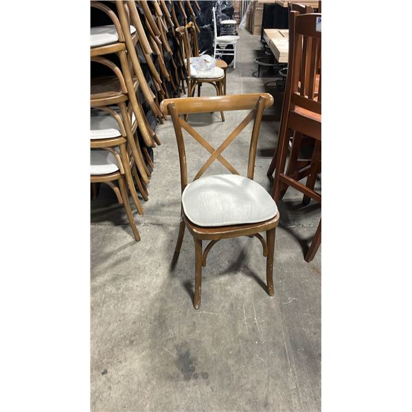 STACK OF 8 DARK WOOD CROSS BACK COMMERCIAL STACKING EVENT CHAIRS WITH CUSHIONS
