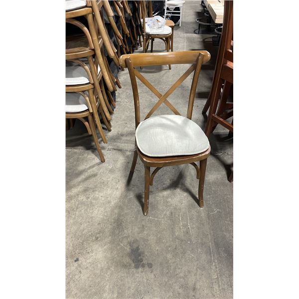 STACK OF 8 DARK WOOD CROSS BACK COMMERCIAL STACKING EVENT CHAIRS WITH CUSHIONS