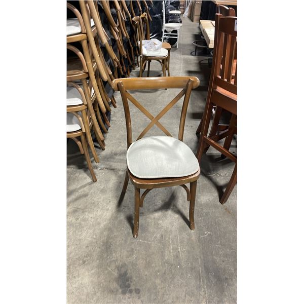 STACK OF 8 DARK WOOD CROSS BACK COMMERCIAL STACKING EVENT CHAIRS WITH CUSHIONS