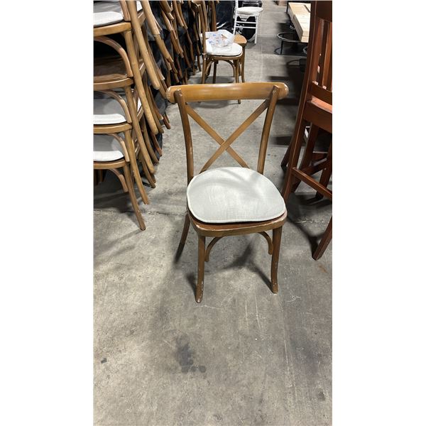 STACK OF 8 DARK WOOD CROSS BACK COMMERCIAL STACKING EVENT CHAIRS WITH CUSHIONS