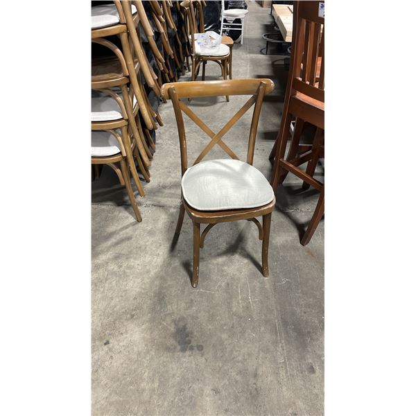STACK OF 8 DARK WOOD CROSS BACK COMMERCIAL STACKING EVENT CHAIRS WITH CUSHIONS