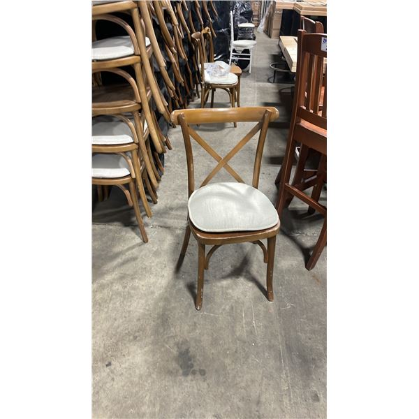 STACK OF 8 DARK WOOD CROSS BACK COMMERCIAL STACKING EVENT CHAIRS WITH CUSHIONS