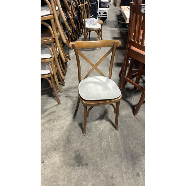 STACK OF 8 DARK WOOD CROSS BACK COMMERCIAL STACKING EVENT CHAIRS WITH CUSHIONS