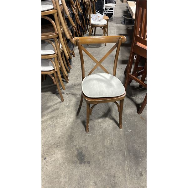 STACK OF 8 DARK WOOD CROSS BACK COMMERCIAL STACKING EVENT CHAIRS WITH CUSHIONS