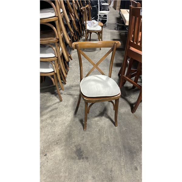 STACK OF 8 DARK WOOD CROSS BACK COMMERCIAL STACKING EVENT CHAIRS WITH CUSHIONS