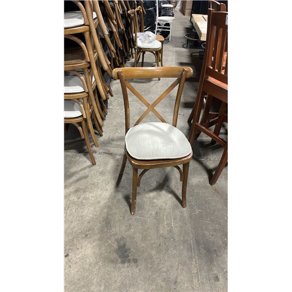 STACK OF 8 DARK WOOD CROSS BACK COMMERCIAL STACKING EVENT CHAIRS WITH CUSHIONS