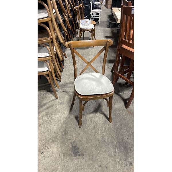 STACK OF 8 DARK WOOD CROSS BACK COMMERCIAL STACKING EVENT CHAIRS WITH CUSHIONS