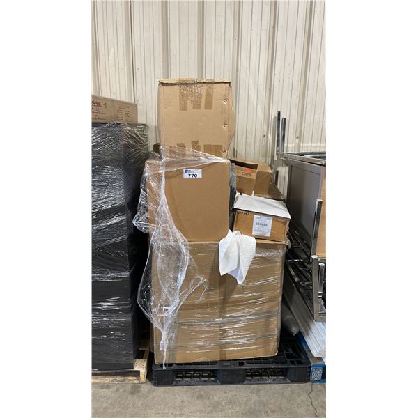PALLET OF ASSORTED EVENT FURNITURE PARTS & MISCELLANEOUS ITEMS