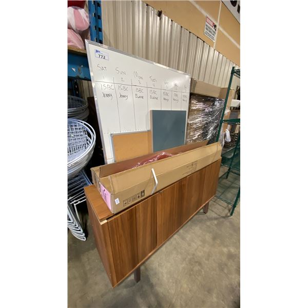 WHITE BOARD, CORK BOARD, TABLE TOP, WALNUT COLORED 3 DOOR CREDENZA, & 2 BOXES OF PATIO STYLE