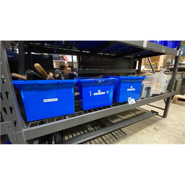 SHELF OF ASSORTED COOKING/SERVING UTENSILS & CHOPSTICKS/PLASTIC CUTLERY *BINS INCLUDED*