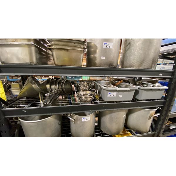 SHELF OF ASSORTED COOKING/SERVING UTENSILS, BALTI DISHES & STRAINERS *BINS INCLUDED*