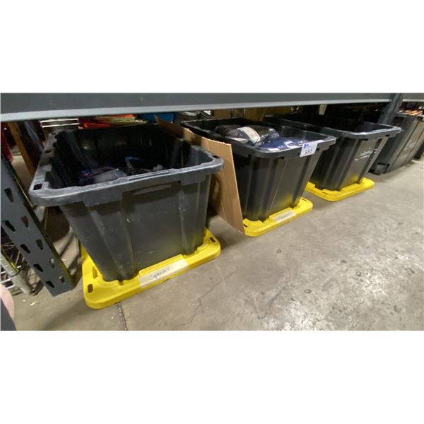 3 BINS OF ASSORTED TABLECLOTHS/COVERINGS *BINS INCLUDED*