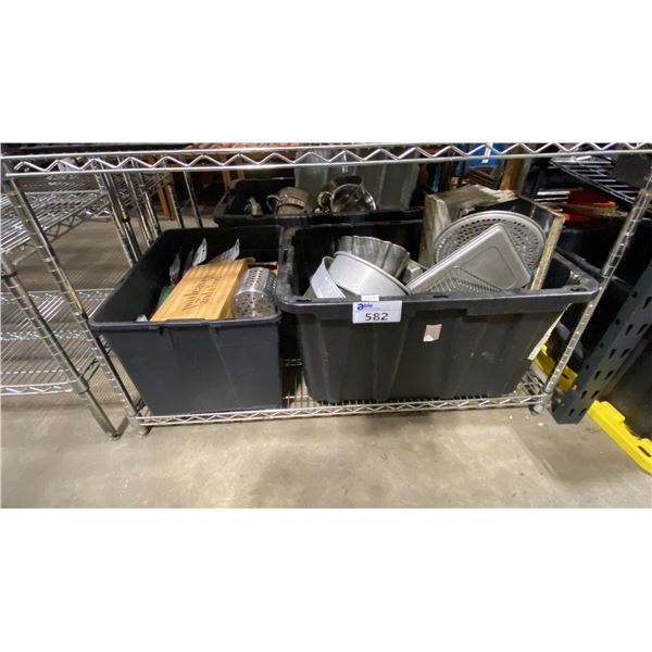 2 BINS OF ASSORTED STAINLESS STEEL CAKE PANS, TRAYS, BOXES OF TEA & MORE