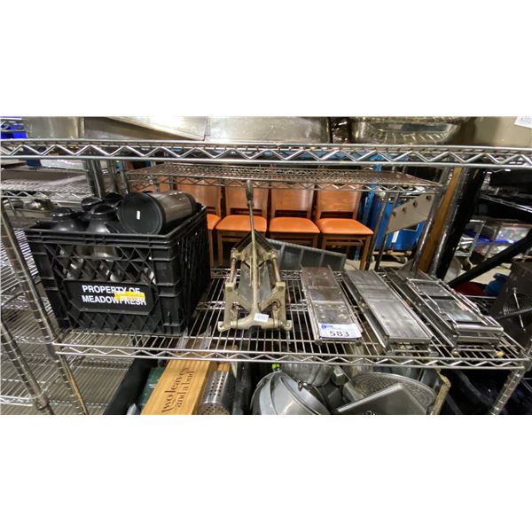 CRATE OF COMMERCIAL CREAMERS, MANUAL FRY SLICER & 3 MANDOLINE SLICERS