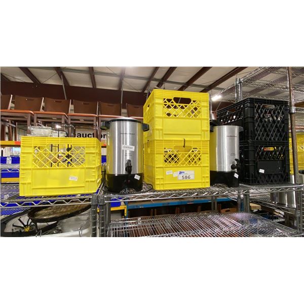 2 HAMILTON BEACH ELECTRIC COFFEE DISPENSERS, CRATE OF ASSORTED JARS & 2 TRANSPORT CRATES