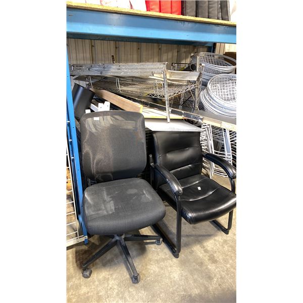 PALLET CRATE OF ASSORTED FLOATING SHELVES, LADDER, OFFICE CHAIRS & MORE