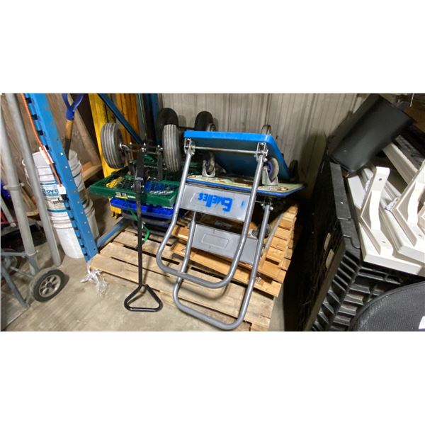 PALLET OF ASSORTED 4 WHEEL CARTS, TROLLIES, & TRANSPORT ITEMS