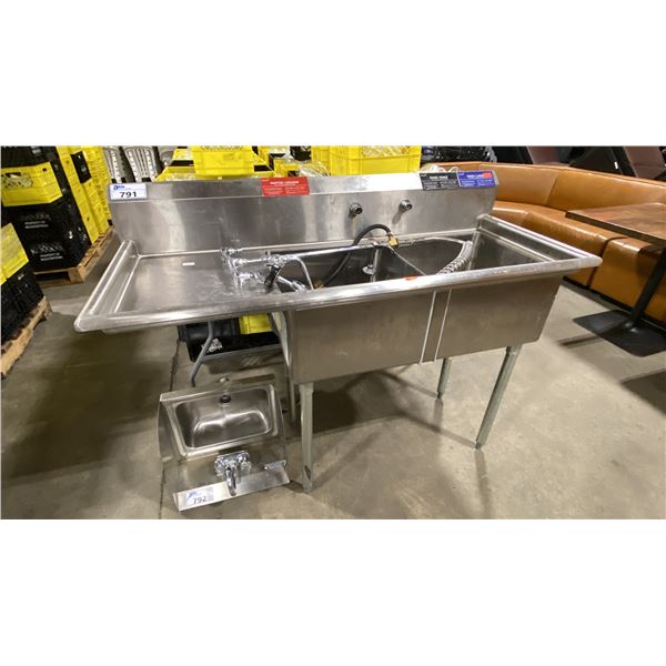 STAINLESS STEEL 2 SINK COMMERCIAL WASH STATION APPROX 56"L X 23"D X 43.5"H WITH WALL MOUNT FAUCET &