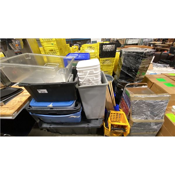 LARGE ASSORTMENT OF STORAGE BINS, RECYCLE BINS, BUCKETS, MOP BUCKET, FOLDING CHAIRS & MORE
