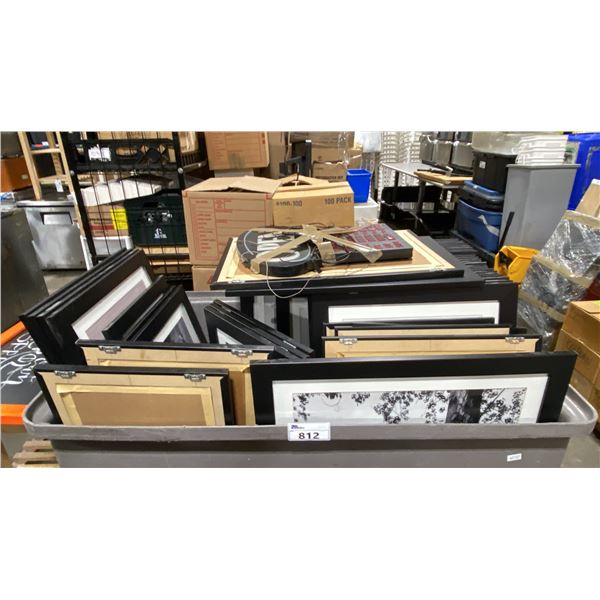 BIN OF APPROX 46 ASSORTED FRAMED ART PRINTS & OPEN SIGN