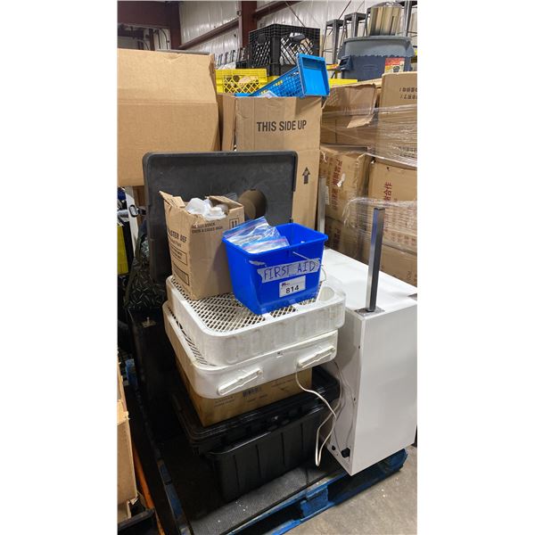 PALLET OF ASSORTED FURNITURE, FLOOR FANS, TRAYS & EVENT GEAR *MUST TAKE ALL*