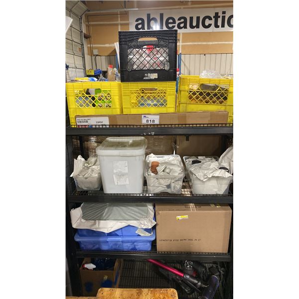 SHELF OF ASSORTED GLASSWARE, DISHWARE, CLEANING SUPPLIES, & COLD PACKS *BINS INCLUDED, SHELF NOT