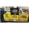 Image 2 : SHELF OF ASSORTED GLASSWARE, DISHWARE, CLEANING SUPPLIES, & COLD PACKS *BINS INCLUDED, SHELF NOT