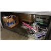 Image 5 : SHELF OF ASSORTED GLASSWARE, DISHWARE, CLEANING SUPPLIES, & COLD PACKS *BINS INCLUDED, SHELF NOT