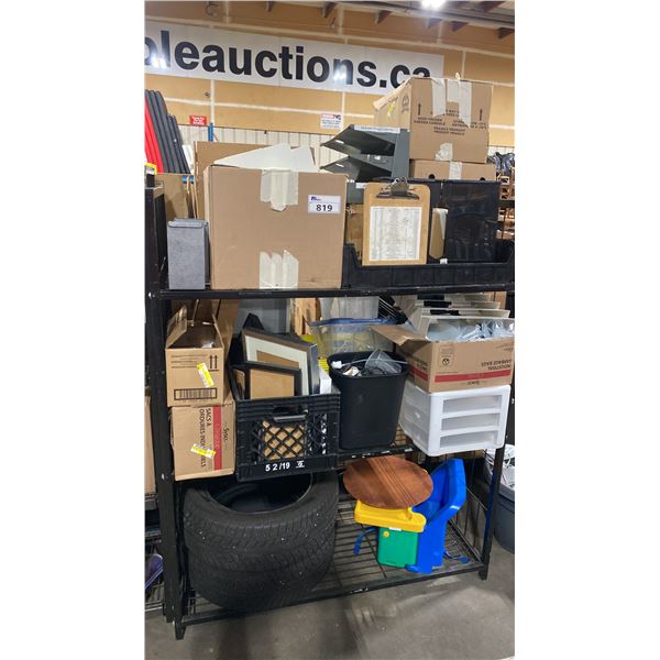 SHELF OF ASSORTED OFFICE SUPPLIES, TIRES, & BOOSTER SEAT *BINS INCLUDED, SHELF NOT INCLUDED*