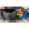 Image 4 : SHELF OF ASSORTED OFFICE SUPPLIES, TIRES, & BOOSTER SEAT *BINS INCLUDED, SHELF NOT INCLUDED*