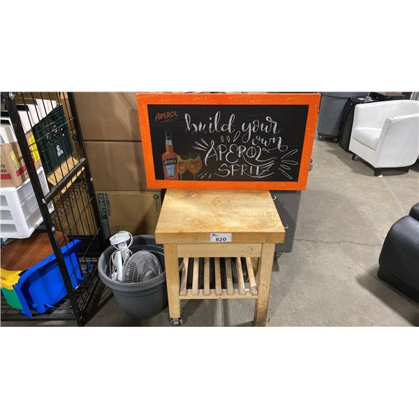 MOBILE WOODEN BUTCHER BLOCK CUTTING STATION, DISPLAY SIGN, PLANT POT, & FAN